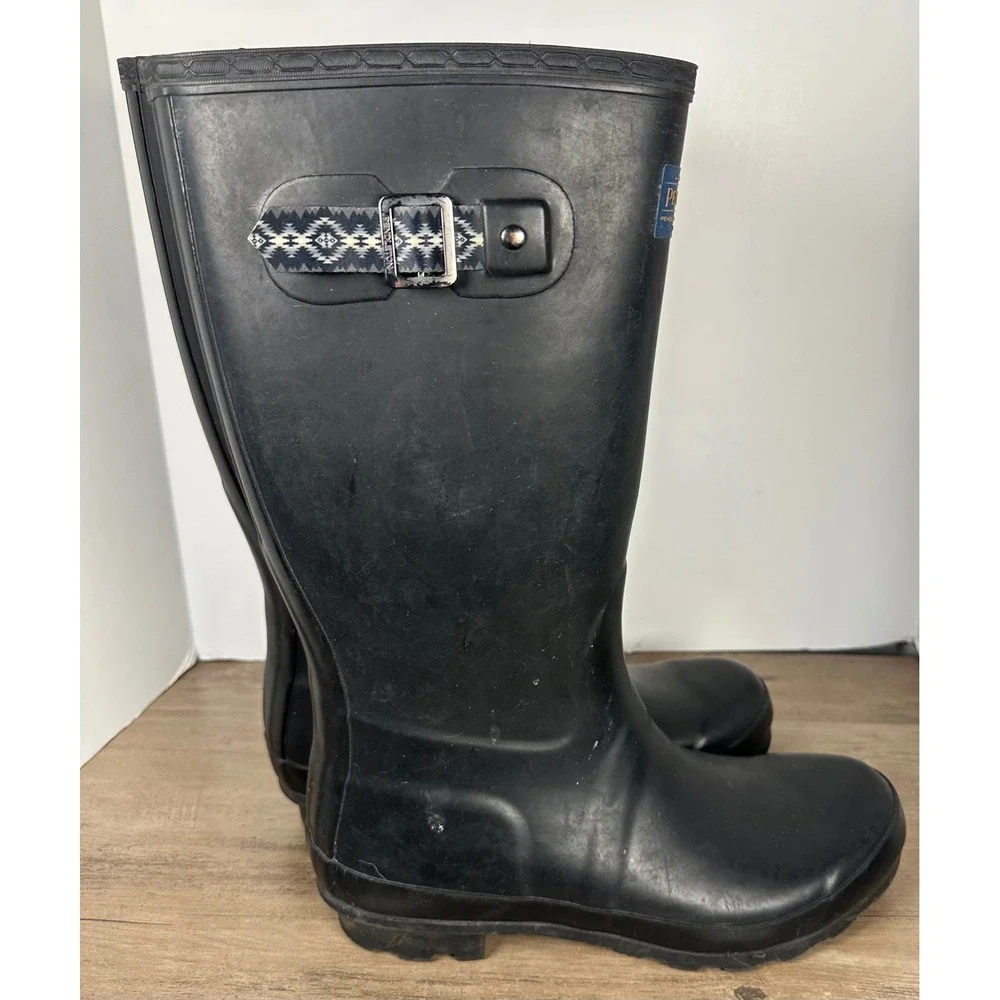 Pendleton Womens 10 Tall Black Rubber Rain Boots Geometric Buckle‎ Waterproof